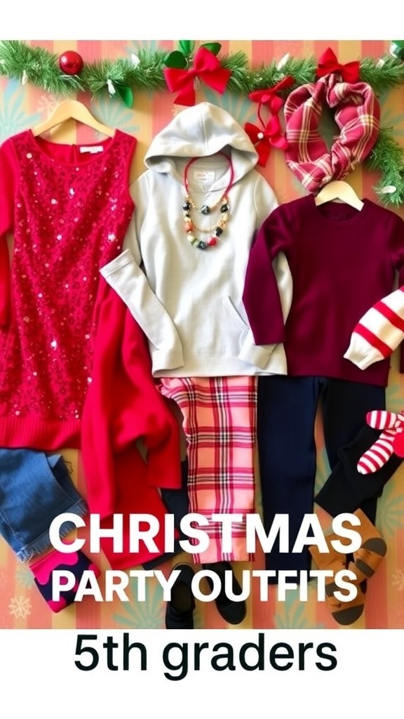 A collection of stylish Christmas party outfits for kids, featuring dresses, sweaters, and accessories on a festive background.